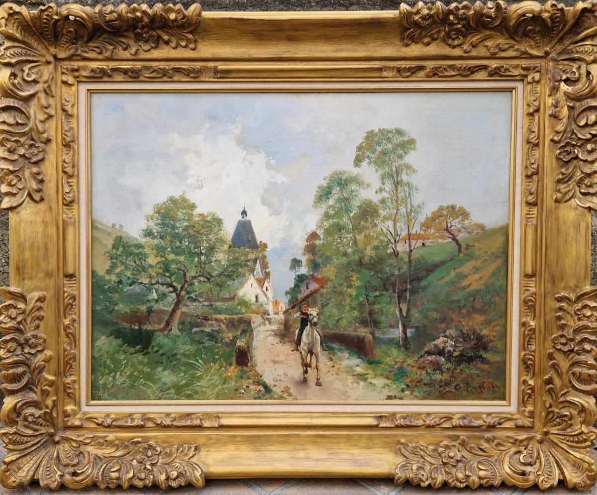 "young Rider Leaving A Village" Oil On Canvas By Gaston Anglade (1854 - 1931)-photo-3