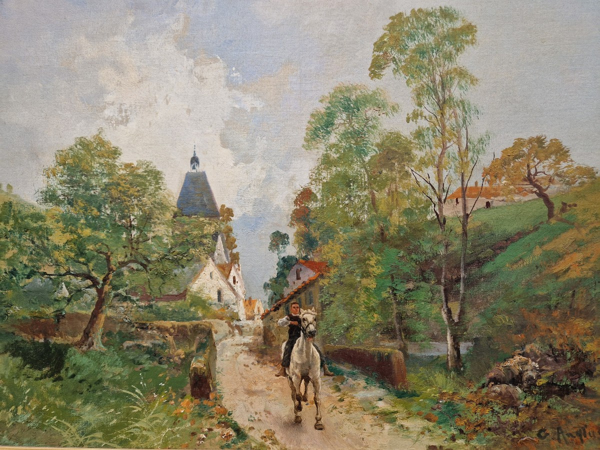 "young Rider Leaving A Village" Oil On Canvas By Gaston Anglade (1854 - 1931)