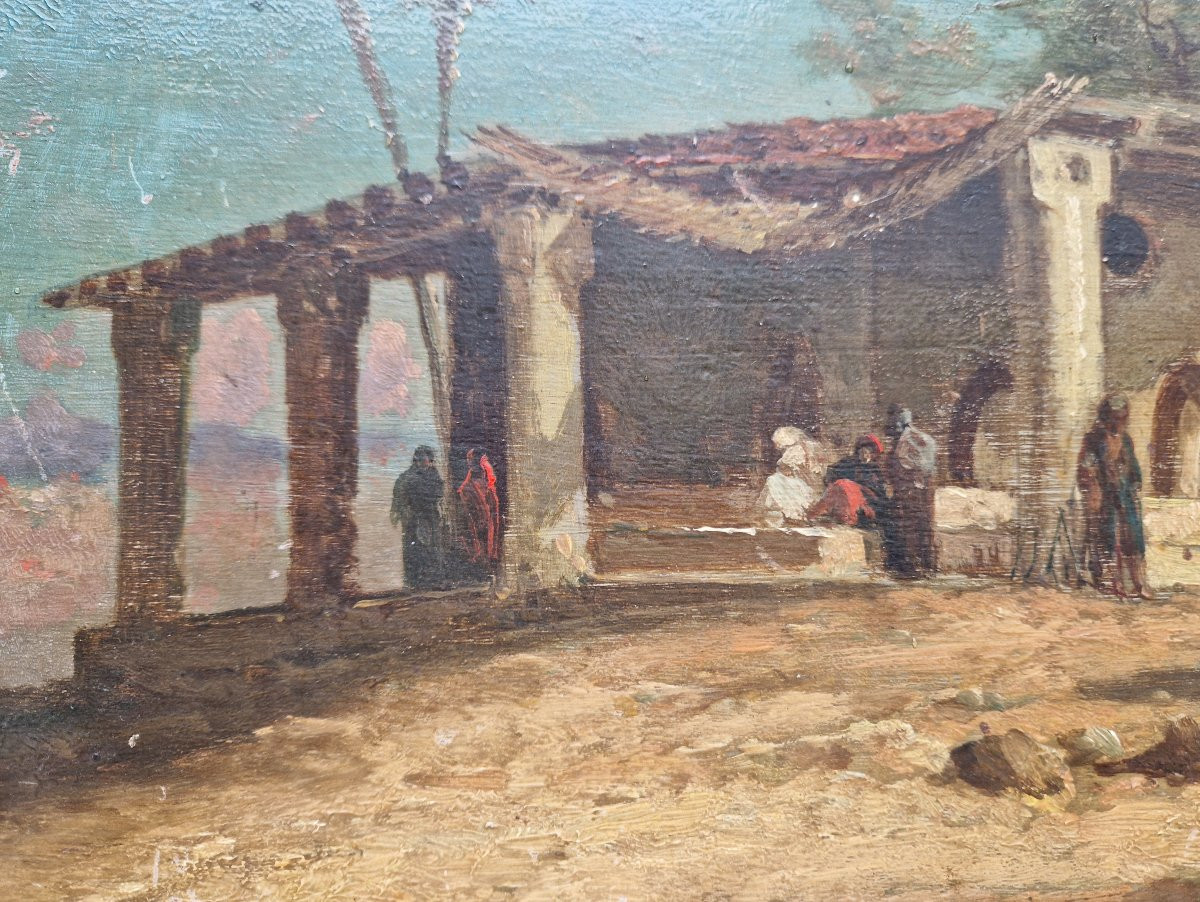 "the Halt At The Well" Oil On Panel, Orientalist Style, By Lucien Robert (1868/?)-photo-3
