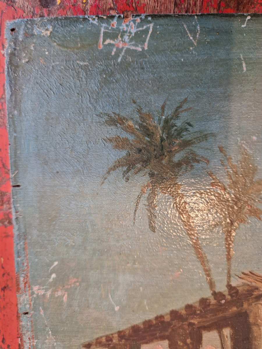 "the Halt At The Well" Oil On Panel, Orientalist Style, By Lucien Robert (1868/?)-photo-1