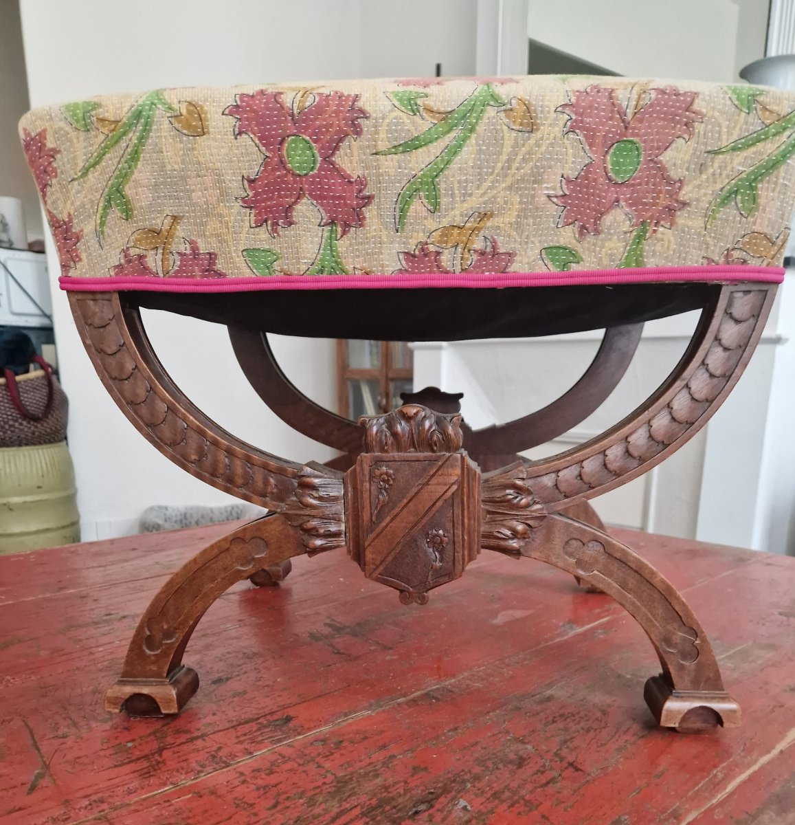 Center Stool With An X-shaped Base, Decorated With A Coat Of Arms, In The "violet Leduc" Style, Circa 1880