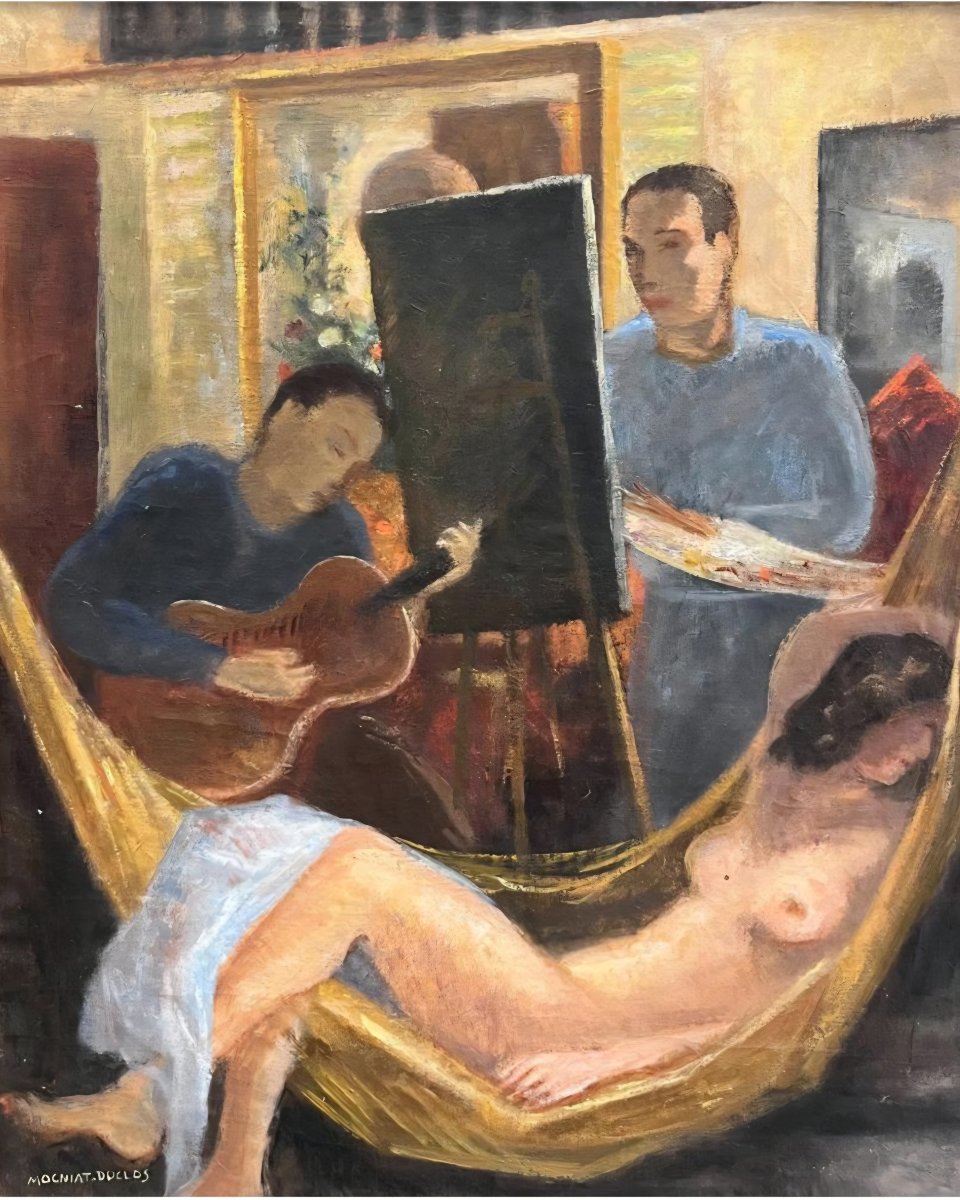 " dans l'atelier" . Huile sur toile par Bertrand Mogniat-Duclos (1903-1987)