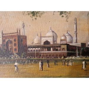 Palais Taj Mahal et temple de Bhuvaneshwara, paire d'huile sur toiles datées 1949