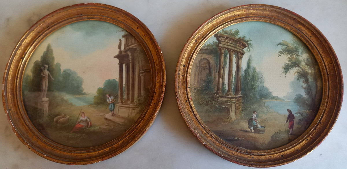 Paire de petites gouaches xix representant des vues d'Italie