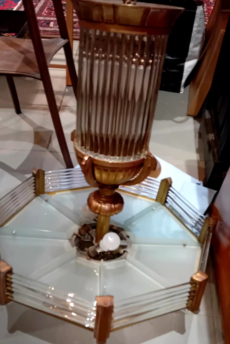 Lustre Henri Petitot en bronze doré et baguettes de verre -photo-2