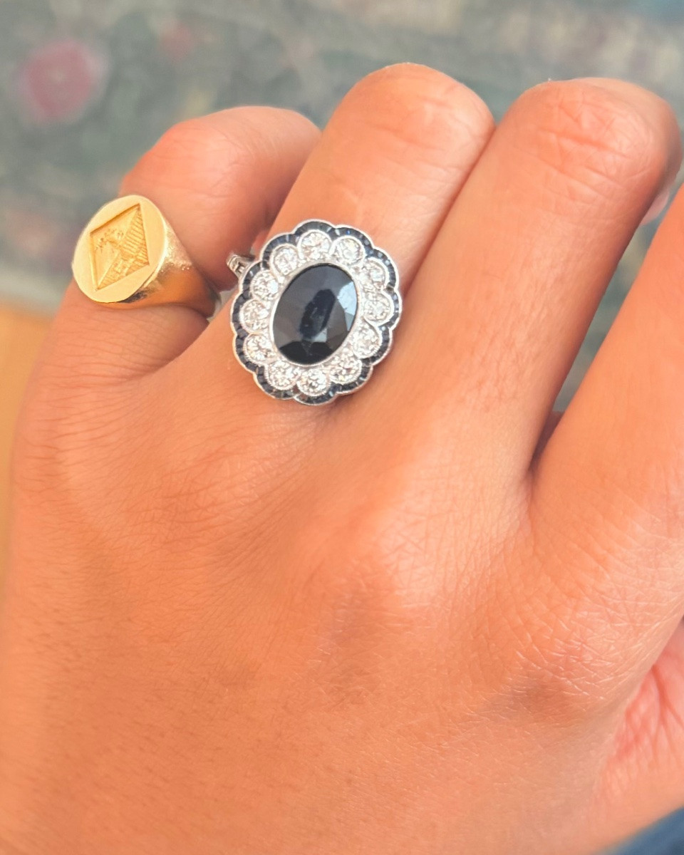 Bague Marguerite en platine saphir et diamants-photo-4