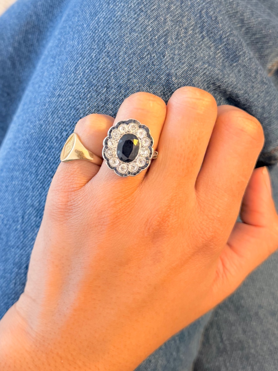 Bague Marguerite en or jaune, saphir et diamants-photo-3