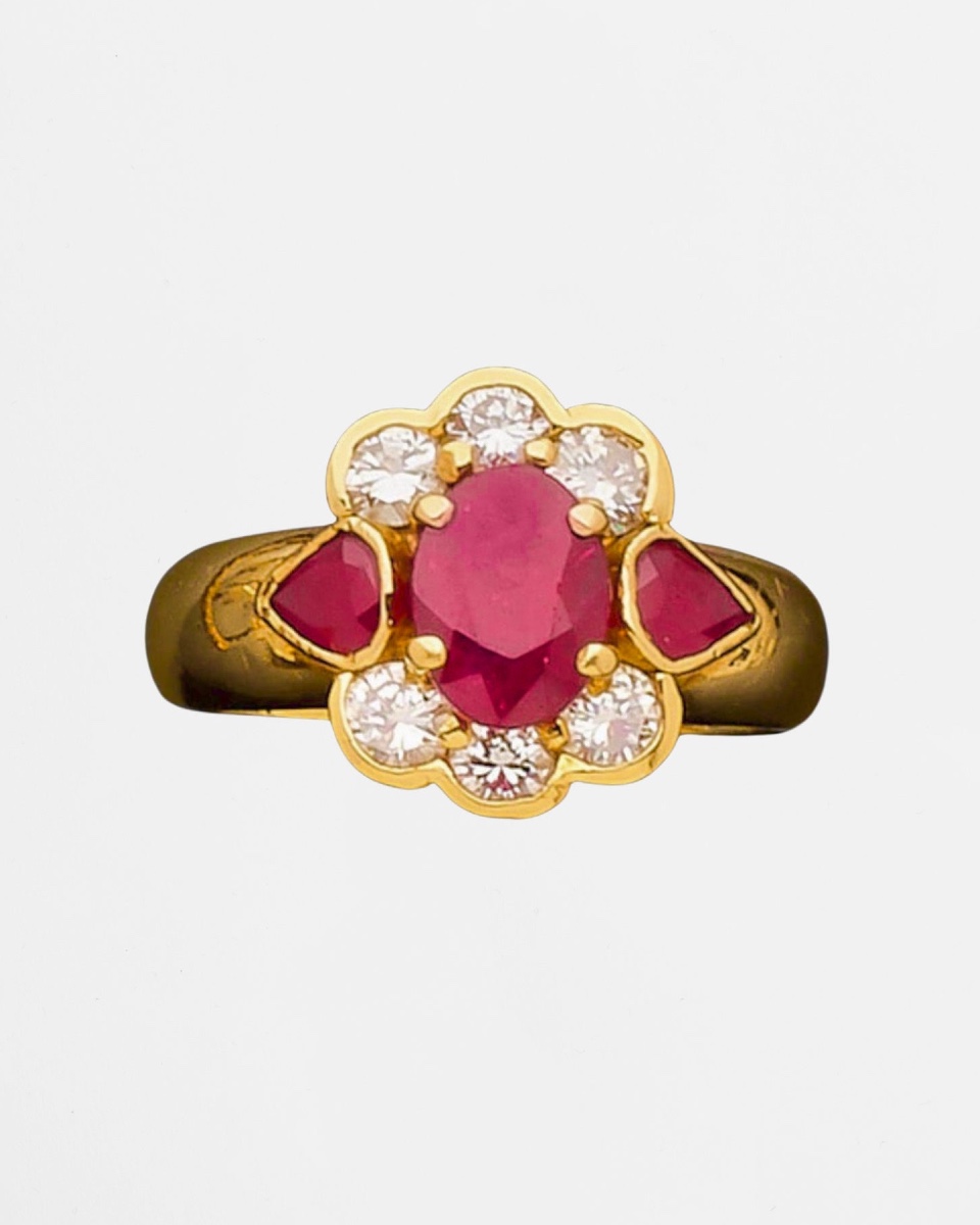 Ring In Yellow Gold, Rubies And Diamonds