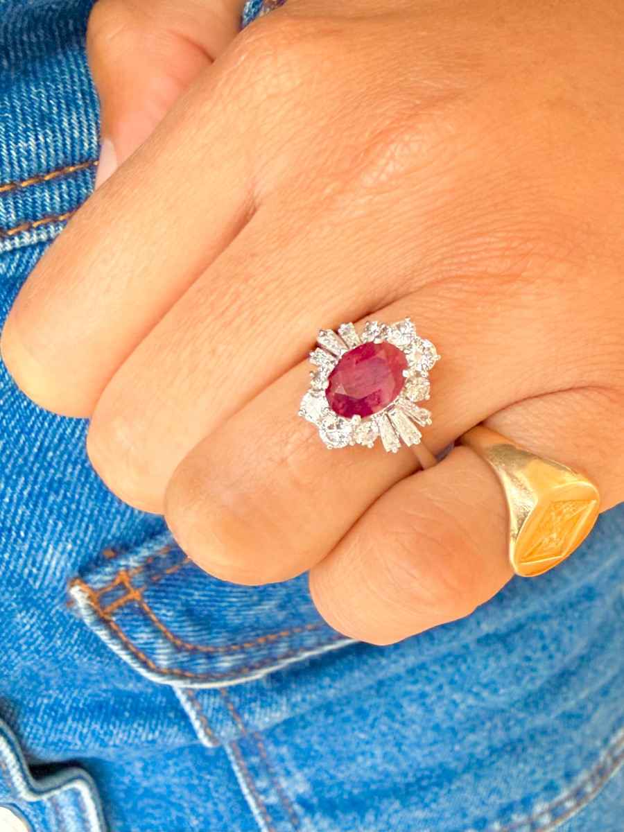 Bague Marquise en or blanc, rubis et diamants-photo-3