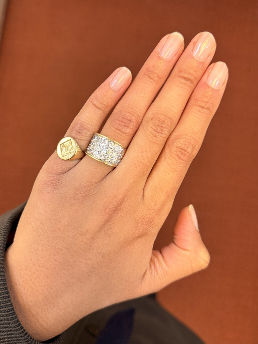 Bague Chevalière en or jaune, or blanc et diamants-photo-1