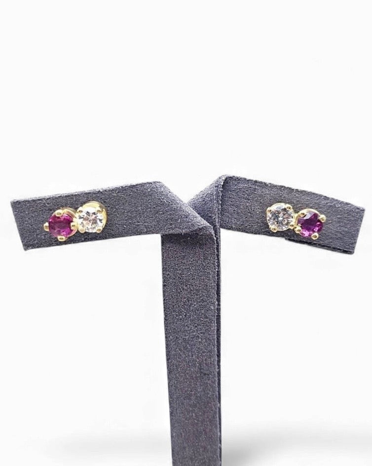 Yellow Gold Stud Earrings With Rubies And Diamonds 