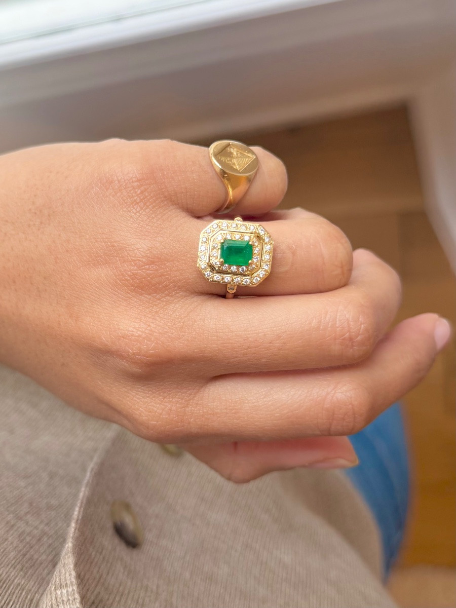 Bague en or jaune, émeraude et diamants-photo-4