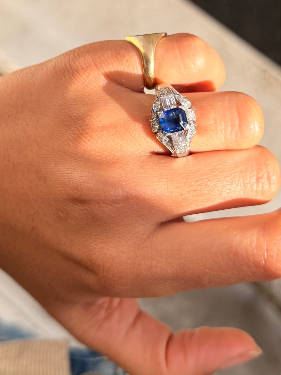 Bague Art déco, en platine saphir et diamants-photo-2