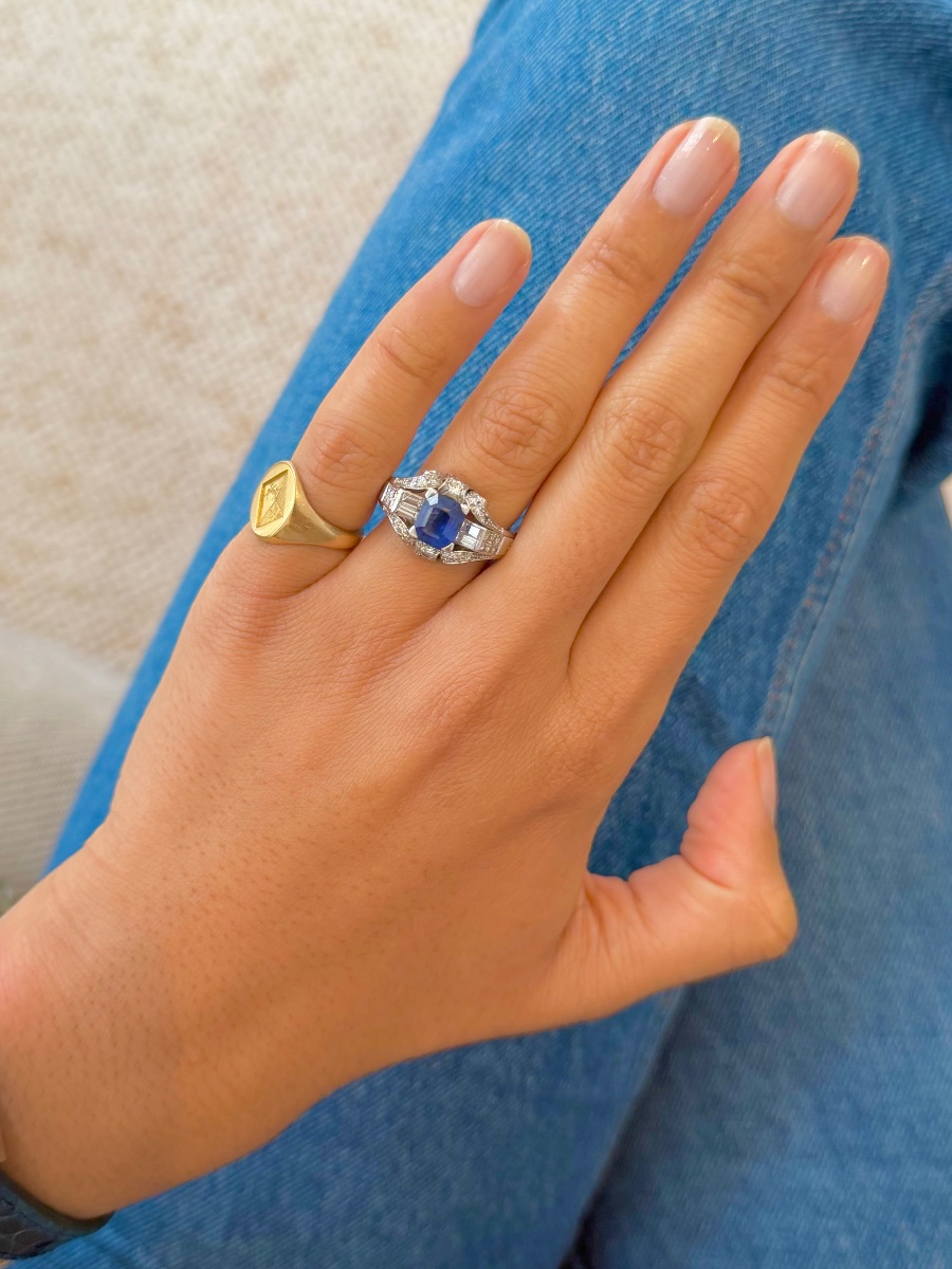 Bague Art déco, en platine saphir et diamants-photo-3