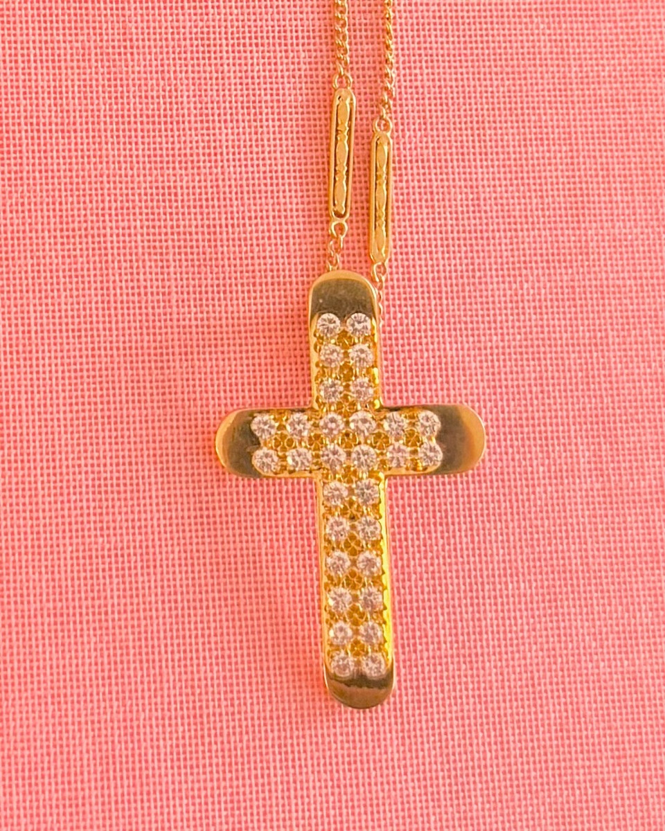 Cross And Chain In Yellow Gold And Diamonds-photo-2
