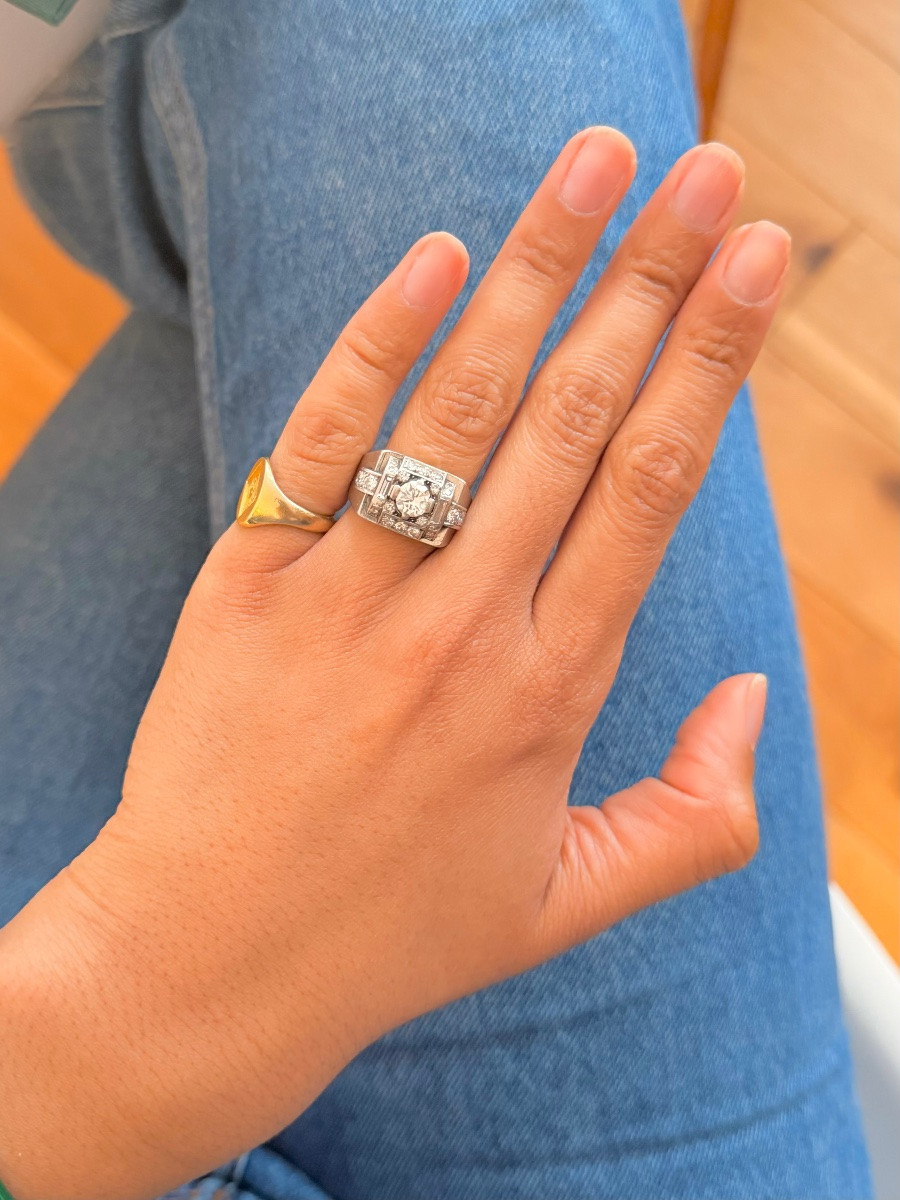 Bague Chevalière en platine et diamants-photo-2