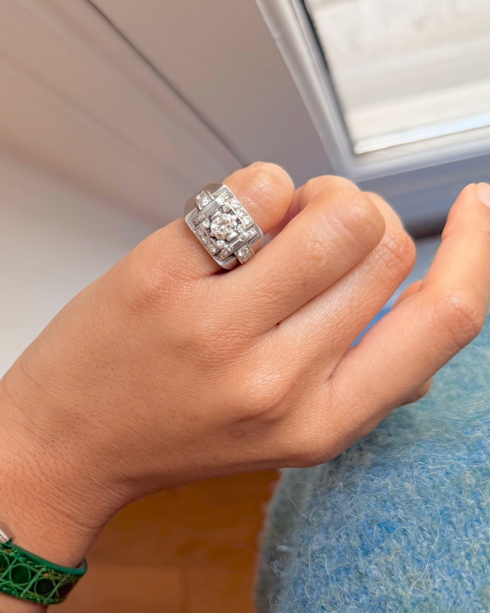 Bague Chevalière en platine et diamants-photo-3