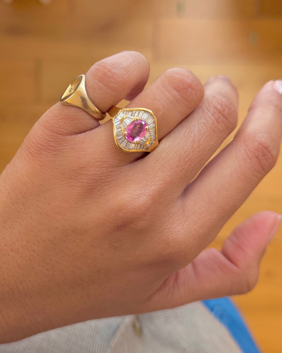 Ring In Yellow Gold, Pink Sapphire And Diamonds