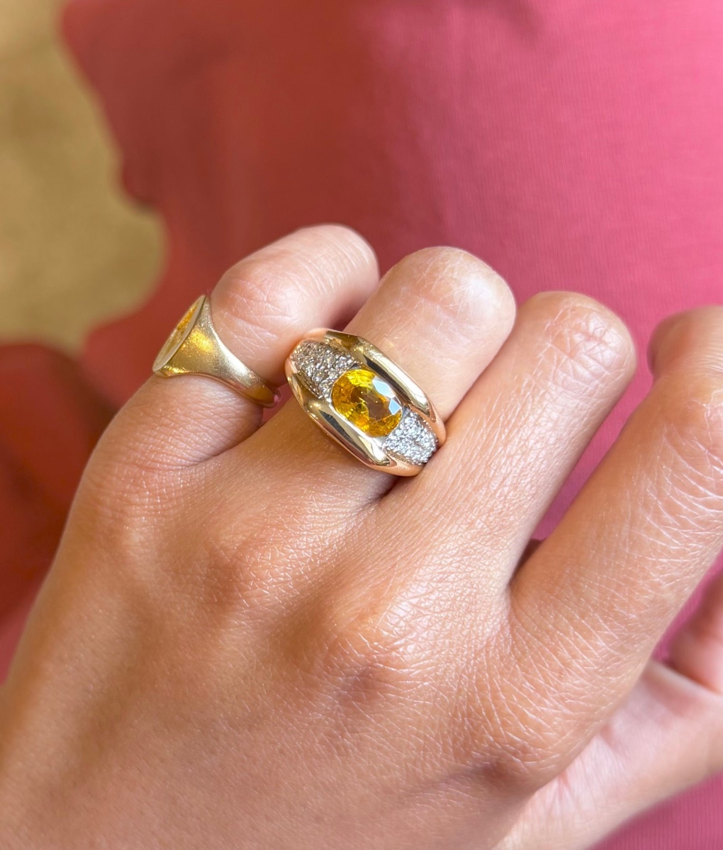 Bandeau Ring In Yellow Gold, Yellow Sapphire And Diamonds