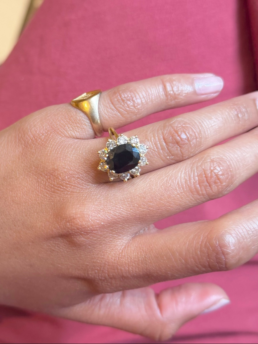 Bague Marguerite en or jaune, saphir et diamants-photo-3