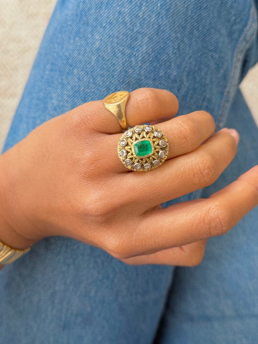 Bague Pompadour or jaune émeraude et diamants-photo-4