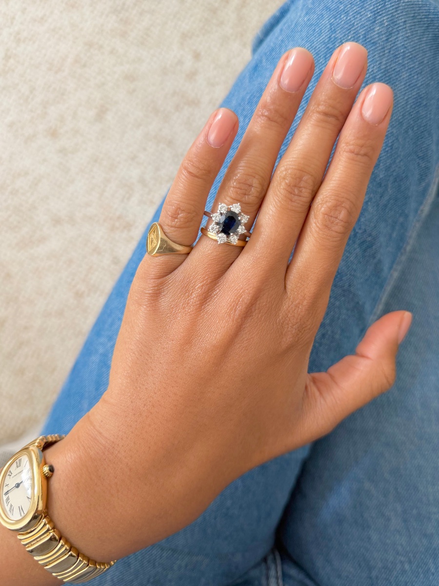 Bague Marguerite or blanc saphir et diamants
