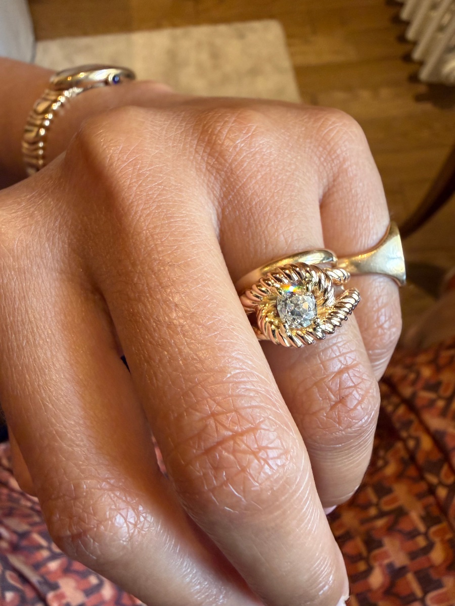 Bague jonc torsadé or rose et diamant-photo-1
