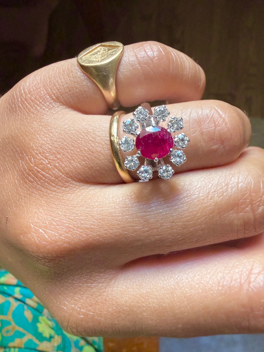 White Gold Dome Ring With Rubies And Diamonds