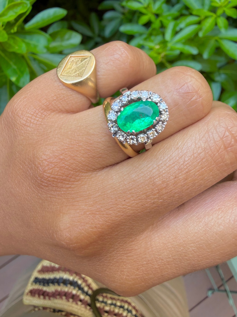 Marguerite Ring In White Gold With Emeralds And Diamantite-photo-2