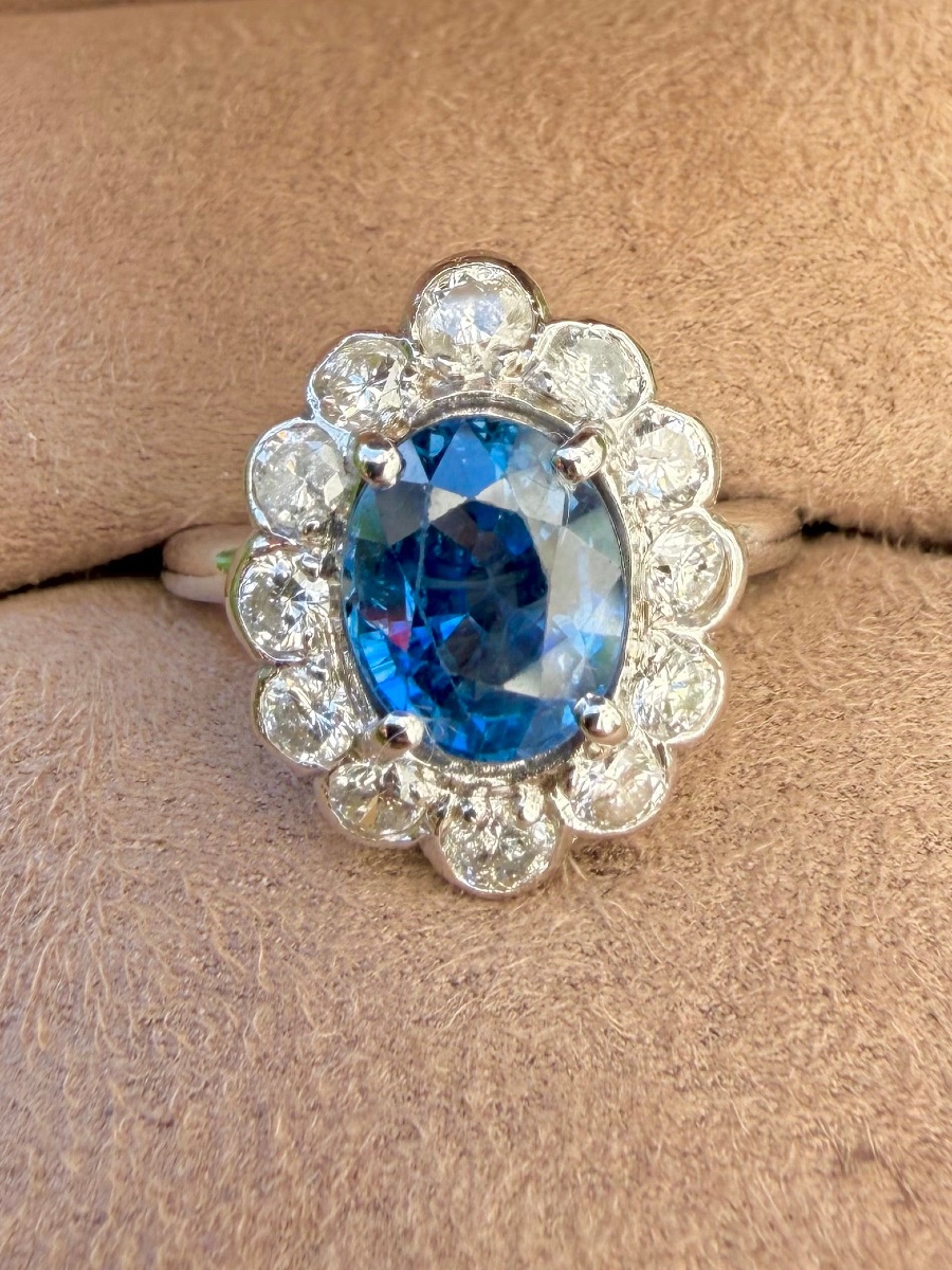 Pompadour Ring In White Gold, Sapphire, And Diamonds