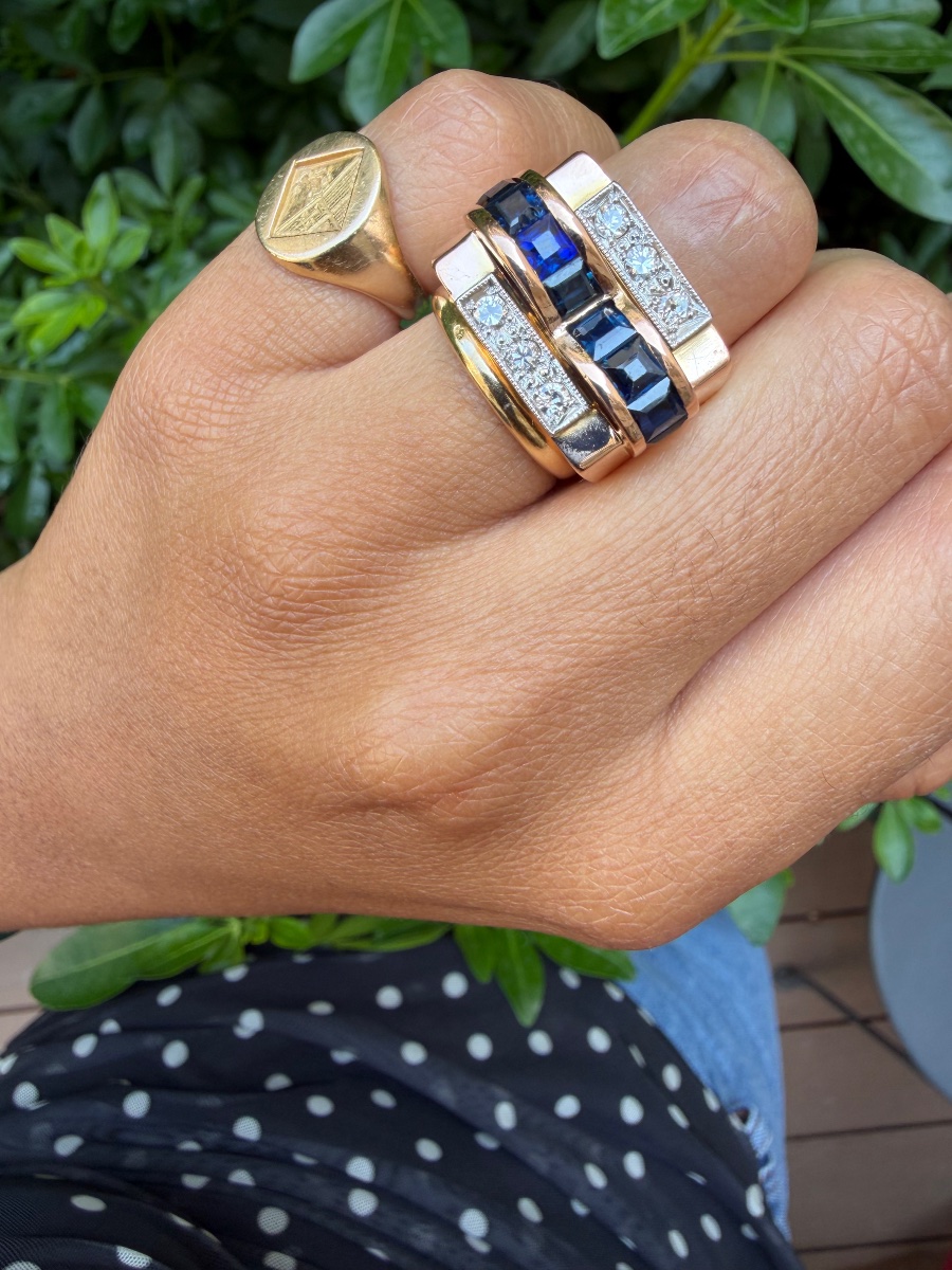 Tank Ring In Rose Gold With Sapphires And Diamonds-photo-3