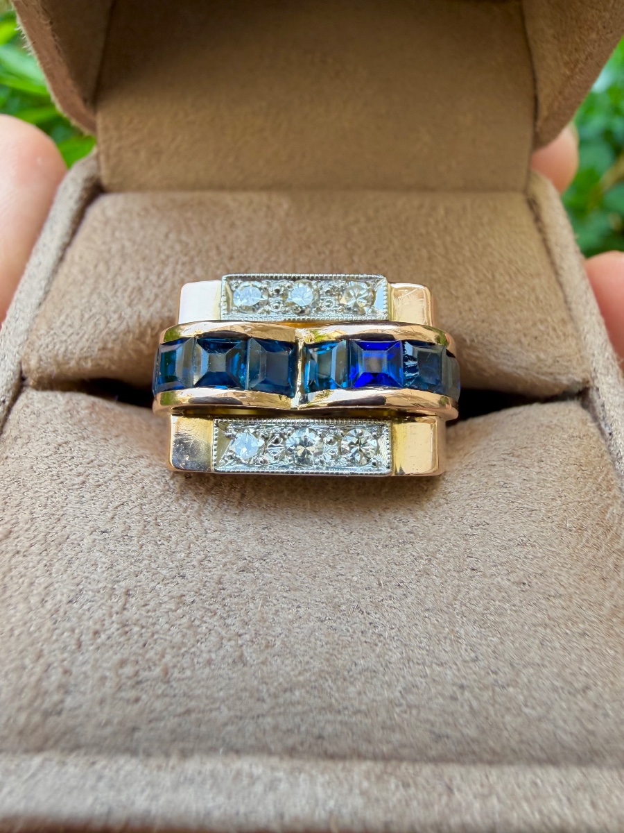 Tank Ring In Rose Gold With Sapphires And Diamonds