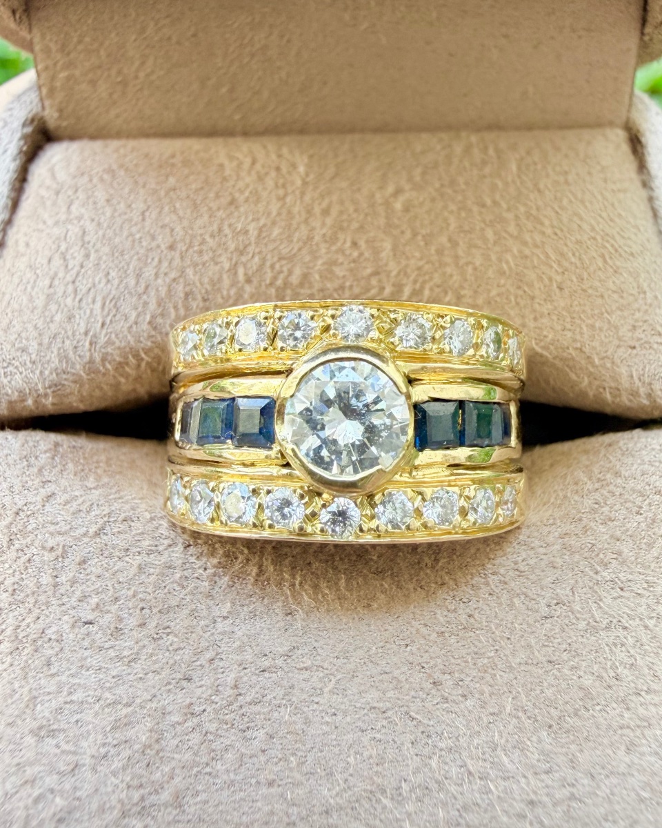 Yellow Gold Band Ring With Sapphires And Diamonds -photo-2