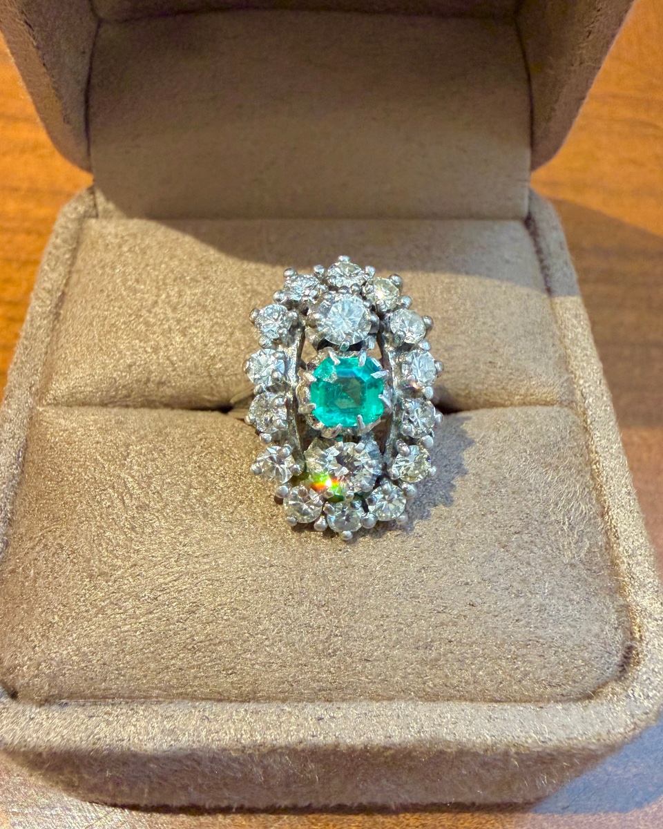 Marquise Ring In Platinum, Emerald, And Diamonds