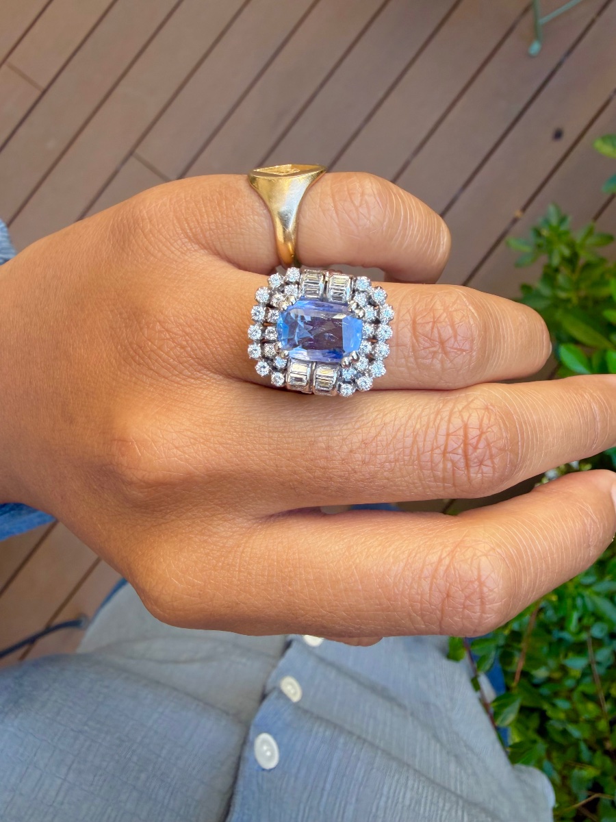 Bague Pompadour en or blanc saphir Ceylan et diamants -photo-2