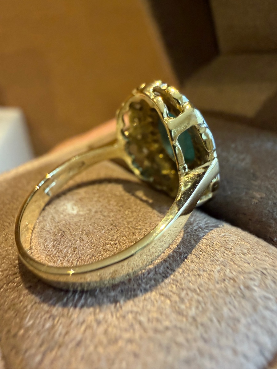 Bague Pompadour en or jaune or blanc émeraude et diamants-photo-4