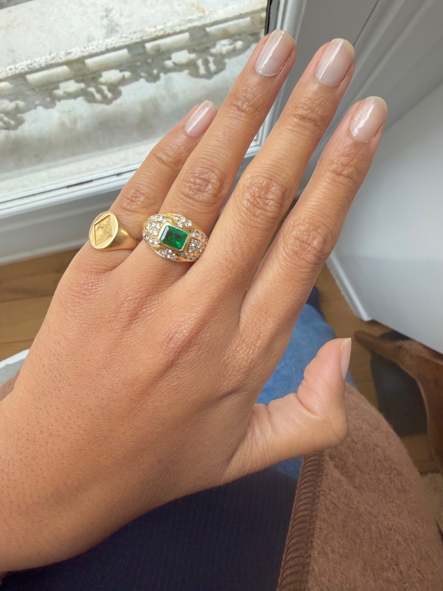 Yellow Gold Band Ring With Emeralds And Diamonds-photo-2