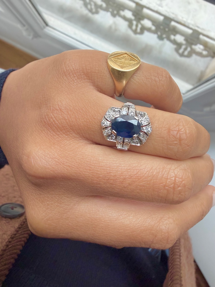 Bague art déco en or blanc saphir et diamants-photo-2