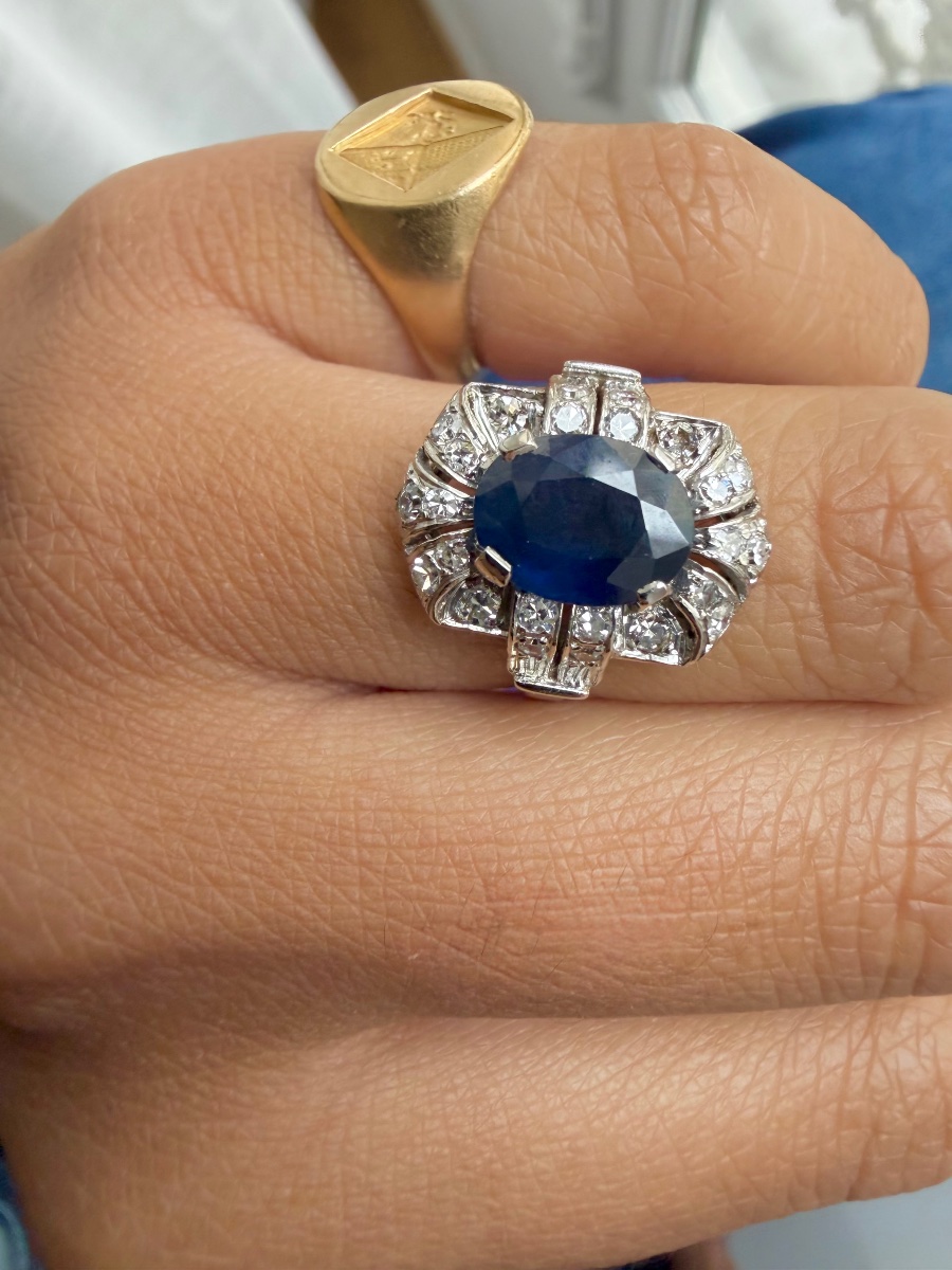 Bague art déco en or blanc saphir et diamants-photo-3