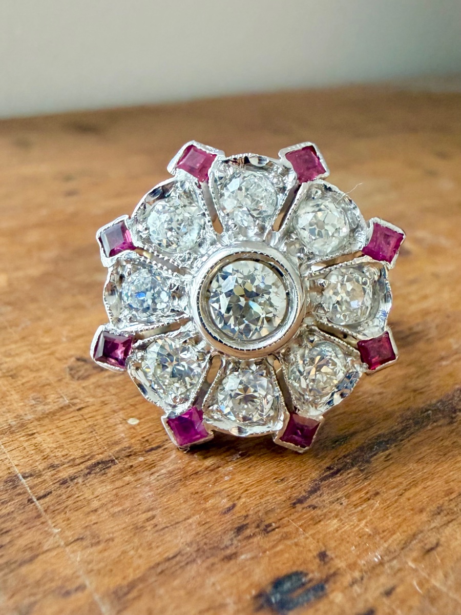 Art Deco Target Ring With Diamonds And Rubies