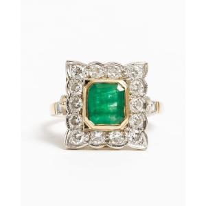 Yellow Gold, White Gold, Emerald And Diamond Halo Ring