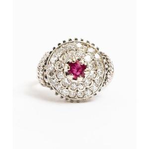 Dome Ring In White Gold, Rubies And Diamonds