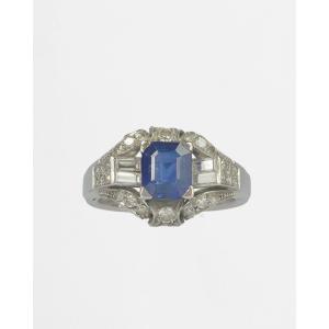 Art Deco Ring In Platinum, Sapphire, And Diamonds