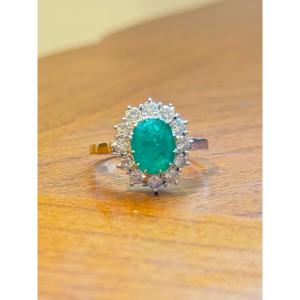 Bague Marguerite en or blanc, émeraude et diamants