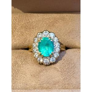 Marguerite Ring In Yellow Gold, Emerald Platinum And Diamonds