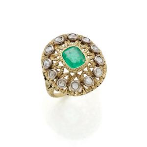 Yellow Gold Emerald And Diamond Pompadour Ring