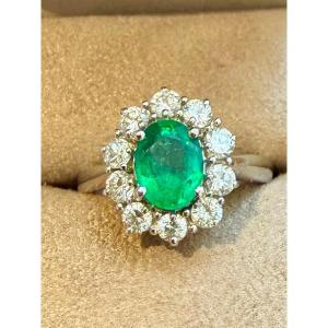 Bague Marguerite en or blanc émeraude et diamants