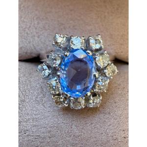 White Gold Band Ring With Ceylon Sapphire And Diamonds