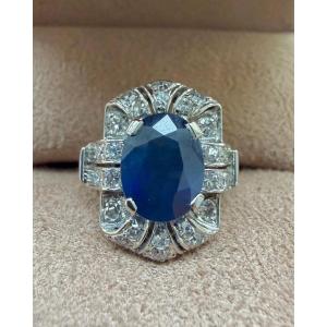 Art Deco Ring In White Gold With Sapphire And Diamonds