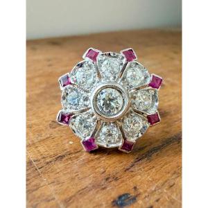 Art Deco Target Ring With Diamonds And Rubies